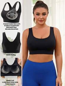 Women Plus Size Sports Bra Fixed Molded Cups High Support Wide Straps V-Neck Backless Workout Yoga Tank Top - Black - View 3