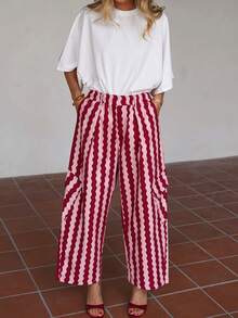 New Fashion Elegant Striped Colorblock Vacation Beach Casual Long Pants For Women, All Seasons - Pink Stripes - View 7
