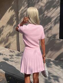 FOR BEAUTY Spring/Summer Women's Pink Round Neck Short Sleeve Knit Top With Pleated Skirt, Elegant Two Pieces Knit Set,Suitable For Parties And Dates - Pink - View 9