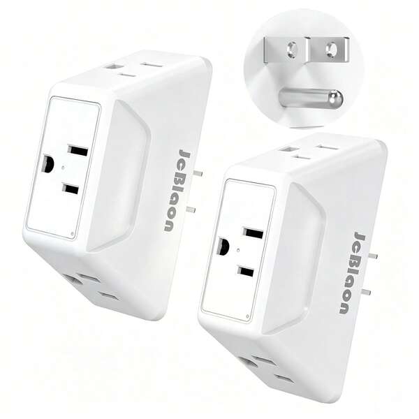 3孔牆壁插座擴展器，郵輪認證多孔電源分接條，緊湊迷你旅行電源條，省空間牆壁插座擴展器不擋第二個插孔，可堆疊插頭轉接頭，適用於旅行、居家、宿舍、飯店，2入裝
