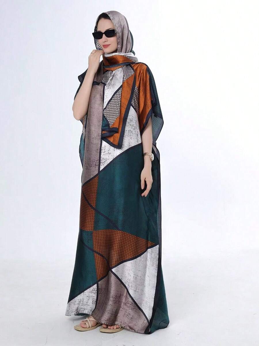 1 Peça Roupão Feminino de Seda Falsa com Estampa Floral e Conjunto de Lenço Pequeno, Decoração de Roupa Externa para Praia, Proteção Solar, À Prova de Vento, Uso Diário - Multicolorido - Visão 1