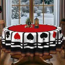 1pc Poker Theme Round Tablecloth, Suitable For Home Kitchen And Dining Room, Decorative Tablecloth, Ideal For Office And Coffee Table, Holiday Red Background With Heart And Spade Symbol Print - Round - View 7