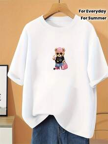 T-shirt da donna con simpatico orsetto - Top non elasticizzato, girocollo, casual per tutti i giorni, ideale per outfit primaverili/estivi/autunnali, abbigliamento autunnale, top, - Bianco - Visualizzare 3