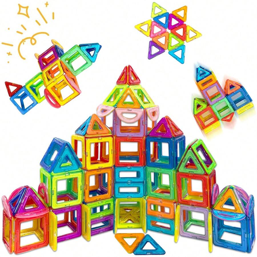 Medium Size Transparent Magnetic Building Tiles With 4 Kinds Of Shapes 28/48/68Pcs, Clear Color DIY 3D Stacking Construction Toy, Multi Shape Free Assemble Playset, Cultivate Spatial Thinking, Educational Gift For Kids Birthday & Holiday - Multicolor - View 1
