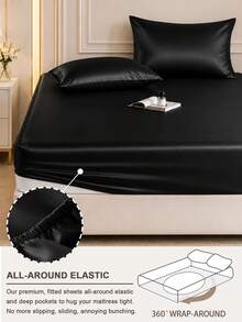 1pc Solid Color Satin Fitted Sheet, Silky Soft Skin-Friendly Breathable Bedding, Elastic Deep Pocket Fitted Sheet, Machine Washable Easy Care, Suitable For Twin/Full/Queen/King Bed, Bedroom Decor - Black - View 5