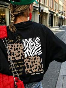 Women's Plus Size Casual Summer Round Neck T-Shirt With "Love" Graphic, Leopard And Zebra Print Black - Black - View 1