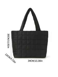 1pc Embroidered Square Grid Women's Handbag, Plaid Embroidery Shoulder Tote Bag, Multi-Functional Quilted Shoulder Bag, Women's Commuter Bag, Multi-Compartment Design, Suitable For Beach, School, Work And Daily Use - Black - View 9