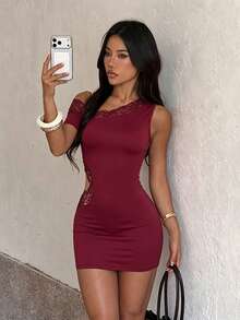 Women's Summer Red Asymmetrical Shoulder Lace Hollow Mini Dress For Birthday, Holiday, Party - Burgundy - View 5