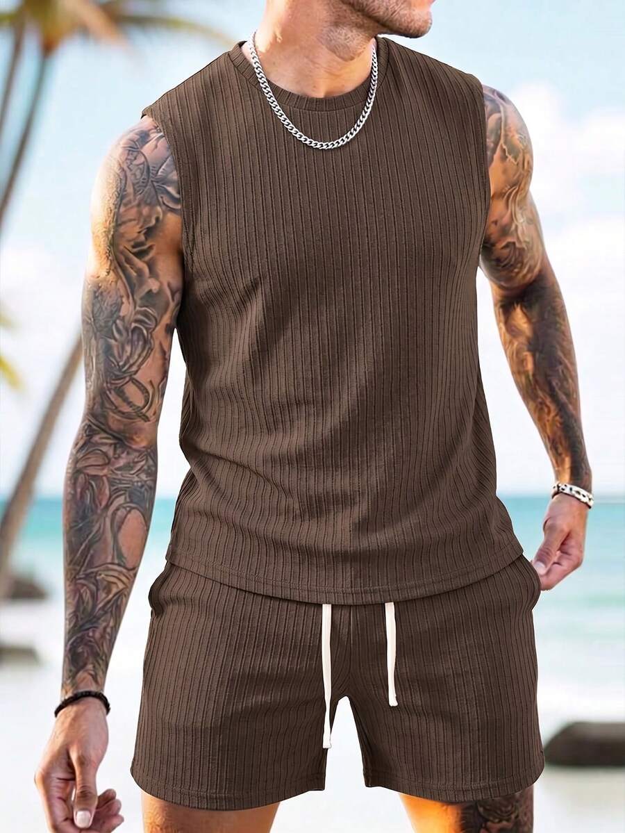 2pcs/Set Men's Brown Waffle Knit Sleeveless Tank Top & Shorts Set, Breathable Textured Casual Men's Outfit, Vacation Style, Machine Washable, Suitable For Hawaii Summer Holiday, Versatile Sleeveless Set, Loose Fit, Size Down For Less Loose Fit - Coffee Brown - View 1