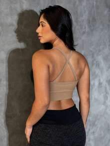 Top Academia Alcinha Fitness Com Cruzado Nas Costas Cropped Zero Transparência Com Bojo Removível Bege Nude Pastel - 米色 - 查看 2