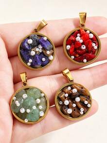 1pc 304 Stainless Steel 18K Gold Plated Natural Stone Small Pearl Oil-Dripping Round Hollow-Out Pendant Base DIY Necklace Jewelry Making Accessories - Pendants - View 5