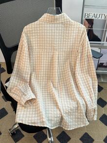 YUXIN 女款寬鬆格紋襯衫，翻領前開扣設計，單側口袋，多色可選，適合通勤與休閒穿著，四季皆宜，春季風格 - 杏色 - 查看 4