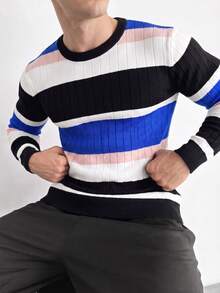 ZYNTH BALENO Men's Fashion Autumn/Winter Striped Crew Neck Long Sleeve Sweater, Suitable For Gym Workout Sports - Blue - View 6