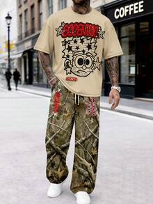 Men's Autumn/Winter Fashion Versatile Cartoon Print Short Sleeve Top & Vintage Dried Leaf Camouflage Wide Leg Pants 2 Pieces Set - Multicolor - View 1