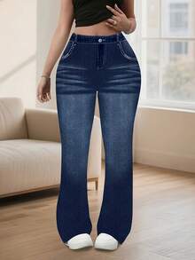 Women's Plus Size Slim Fit Denim Effect Printed Flare Pants, Medium Stretch, Exquisite Details, Fashionable And Comfortable Vacation - Blue - View 4