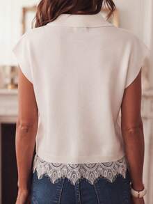 Women's Lace Patchwork Polo Collar Casual Everyday Knit Top - White - View 5