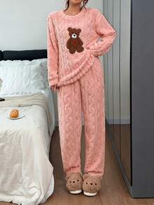 2pcs/Set Women's Winter Teddy Bear Pattern Embroidered Thick Long Sleeve Long Pants Fleece Pajama Set - Coral Pink - View 6