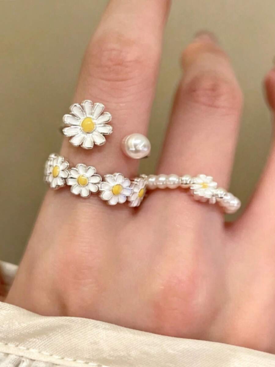 3pcs/Set Daisy Pearl Rings For Women, Mori Style Minimalist Sweet Fresh Open Ring, Niche Design Stackable Index Finger Ring - Multicolor - View 1
