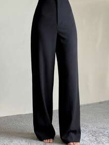 Elegant Casual Commute Minimalist Daily Office Business Solid Color Straight Leg Pants - Black - View 1