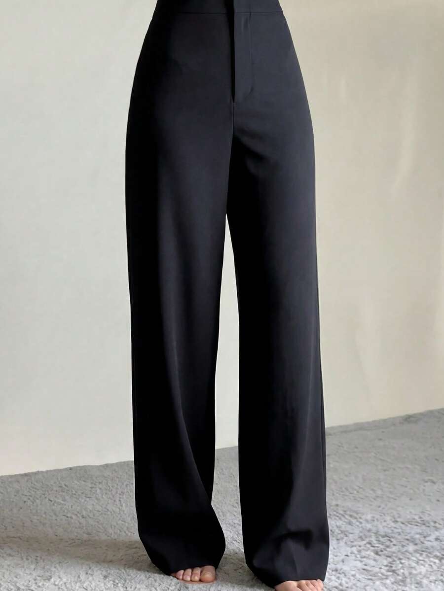 Elegant Casual Commute Minimalist Daily Office Business Solid Color Straight Leg Pants - Black - View 1