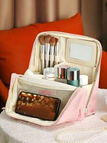 Large Capacity Vertical PU Makeup Bag, Portable Cosmetic Storage Organizer With Wide Opening, Travel Toiletry Pouch - Multicolor - View 3