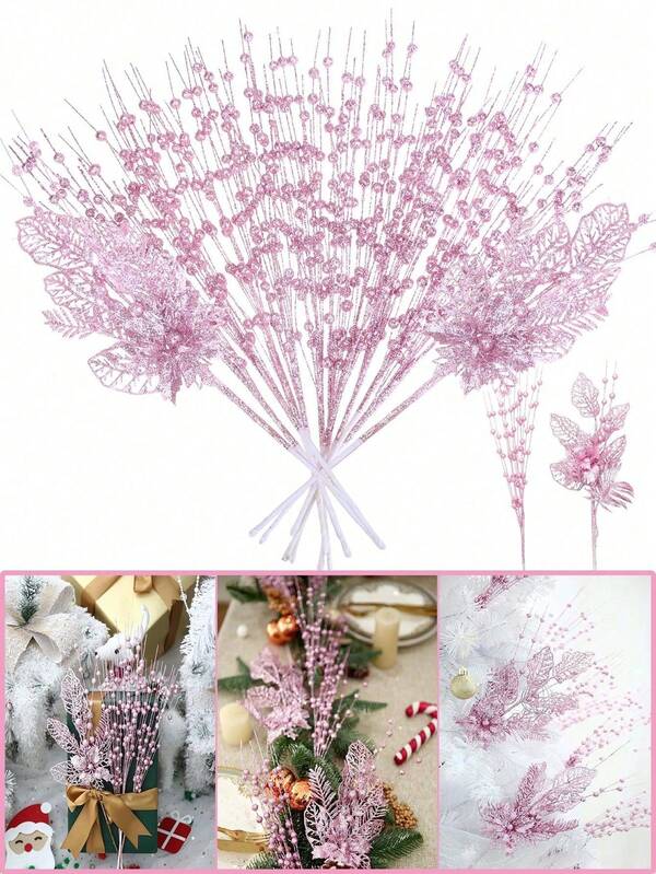 6pcs/1pc Pink Christmas Tree Decoration Set, Includes Artificial Glitter Berry Sprigs, Suitable For Christmas Tree Decoration, Gift Pairing, Small Vase Arrangement, Home Holiday, Wedding Party Decor; Artificial Glitter Christmas Tree Sprigs, Total 5 Artificial Glitter Berry Branches With 1 Glitter Berry Flower Ornament, For Christmas Tree, Gift, New Year's Eve Decoration - Pink