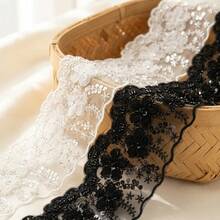 1/3" 13cm Wide 3D Floral Embroidered Lace Trim With Sequins And Beads, Fan-Shaped Edge Transparent Mesh Lace Trim, Suitable For Sewing DIY Crafts, Bridal Wedding Veil, Underwear, Clothing Accessories, Vintage Elegant Lace Trim - Multicolor - View 2