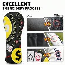 Casino Chip Poker Dollar Golf Club Headcover, Multi- Embroidered Personalized, Black & Yellow Contrast Visual Highlight; Universal Fit Standard 1/3/5 Wood Size, Thickened PU Padding, Niche Creative Golf Protection Cover - Black - View 7