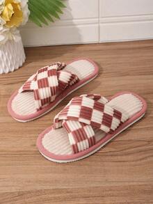 Classic Plaid Thick Stripe Criss-Cross Open Toe Plush Slippers For Women, Indoor Home Living Room Fashion Gift Slippers, Comfortable Breathable All-Season, Multiple Colors Available - Pink - View 9