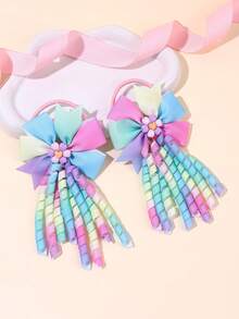 2pcs/Set Gradient Tassel Bow Elastic Headbands, Gradient Color Hairbands, Suitable For First Day Of School Party, Hair Accessories, School Supplies, Teacher Gifts - Multicolor - View 3