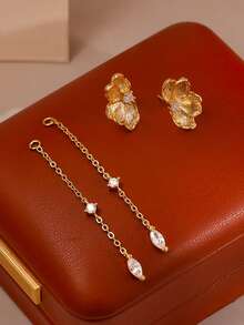 Brincos Florais Femininos, Brincos de Corrente Personalizados Requintados, Brincos Pendentes Longos Banhados a Ouro 14K, Brincos Pendentes de Ouro Únicos, Joias de Ouro - Dourado - Visão 3