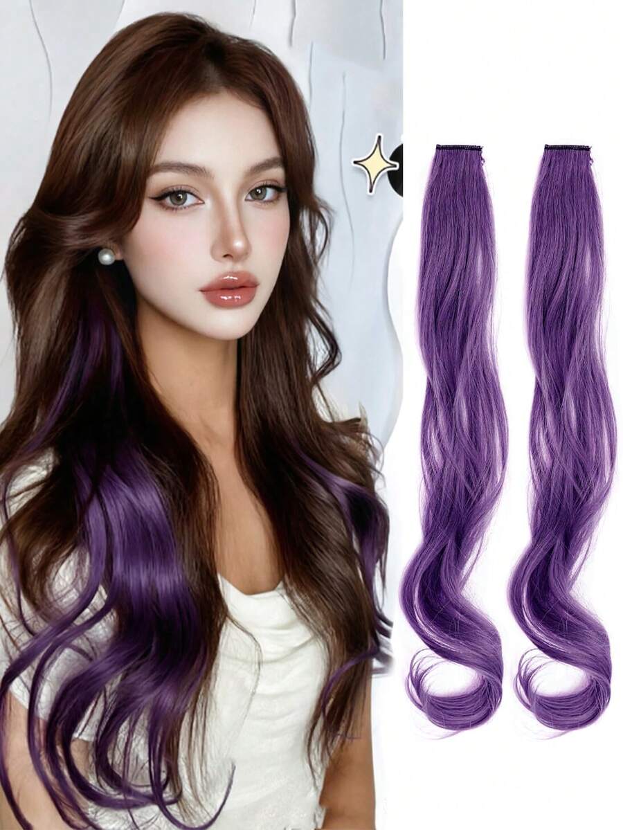 Synthetic 2 Pieces/Set 50cm Colored Curly Hair Extensions, Water Wave Pink/Blue/Purple, Halloween/Christmas Wig - Multicolor - View 1