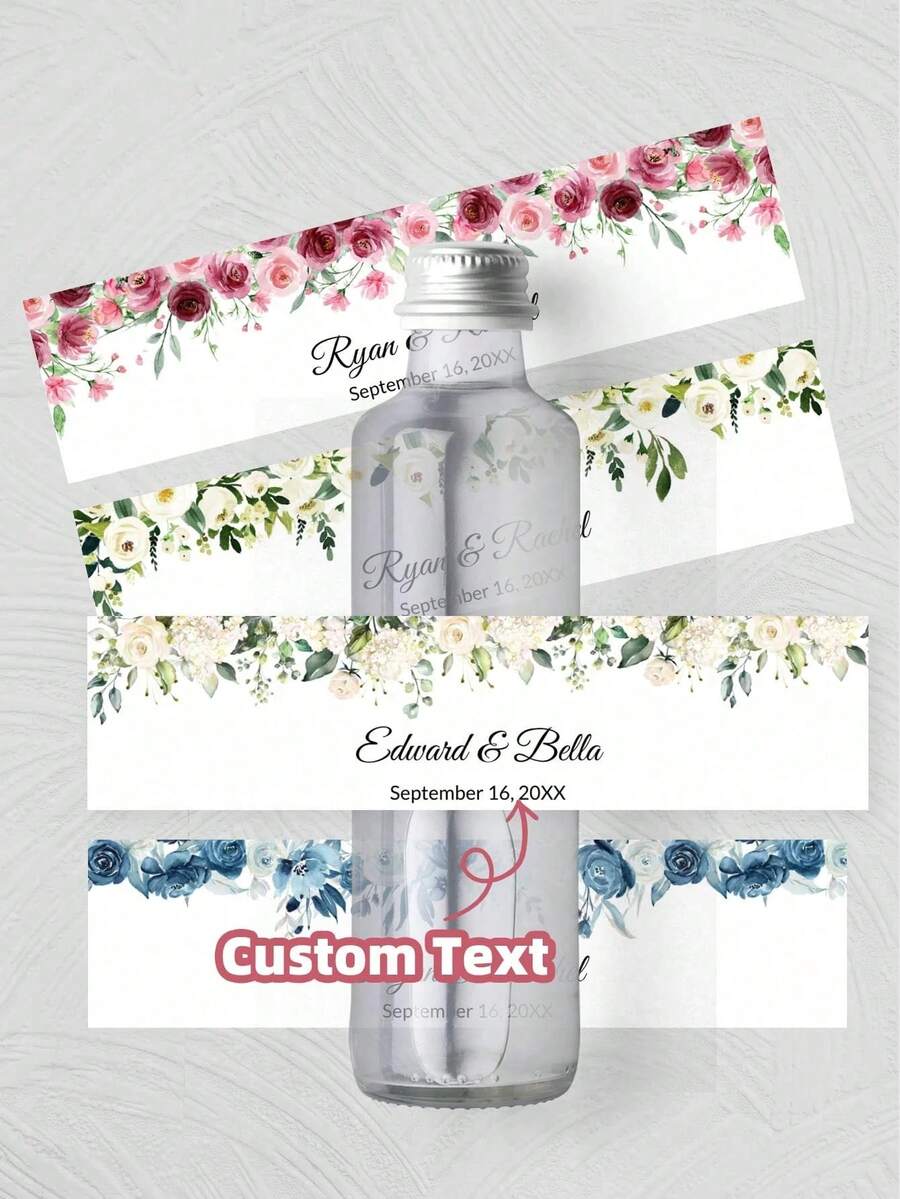 1/5/10/20pcs Personalized Water Bottle Label Stickers, Customizable Water Bottle Packaging Labels, Customizable Name Text - Leaf And Flower Design, Suitable For Birthday, Family Gathering, Holiday Party, Wedding Packaging, Suitable For Groom, Bride - Multicolor - View 1
