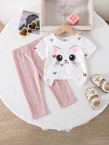 2 Peças/Conjunto Top de Manga Curta com Gola Redonda e Estampa de Gato de Desenho Animado Doce & Coração e Legging de Tricô Elástico com Cabo, Roupa Casual Leve e Respirável de Verão para Recém-Nascidos, 0-1-2-3 Anos, 6-9 Meses - Multicolorido - Visão 1