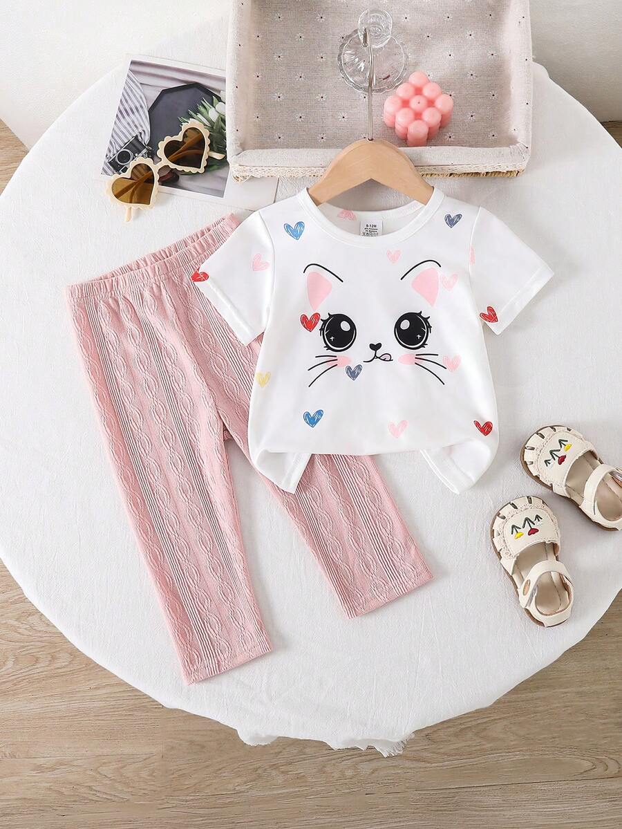 2 Peças/Conjunto Top de Manga Curta com Gola Redonda e Estampa de Gato de Desenho Animado Doce & Coração e Legging de Tricô Elástico com Cabo, Roupa Casual Leve e Respirável de Verão para Recém-Nascidos, 0-1-2-3 Anos, 6-9 Meses - Multicolorido - Visão 1