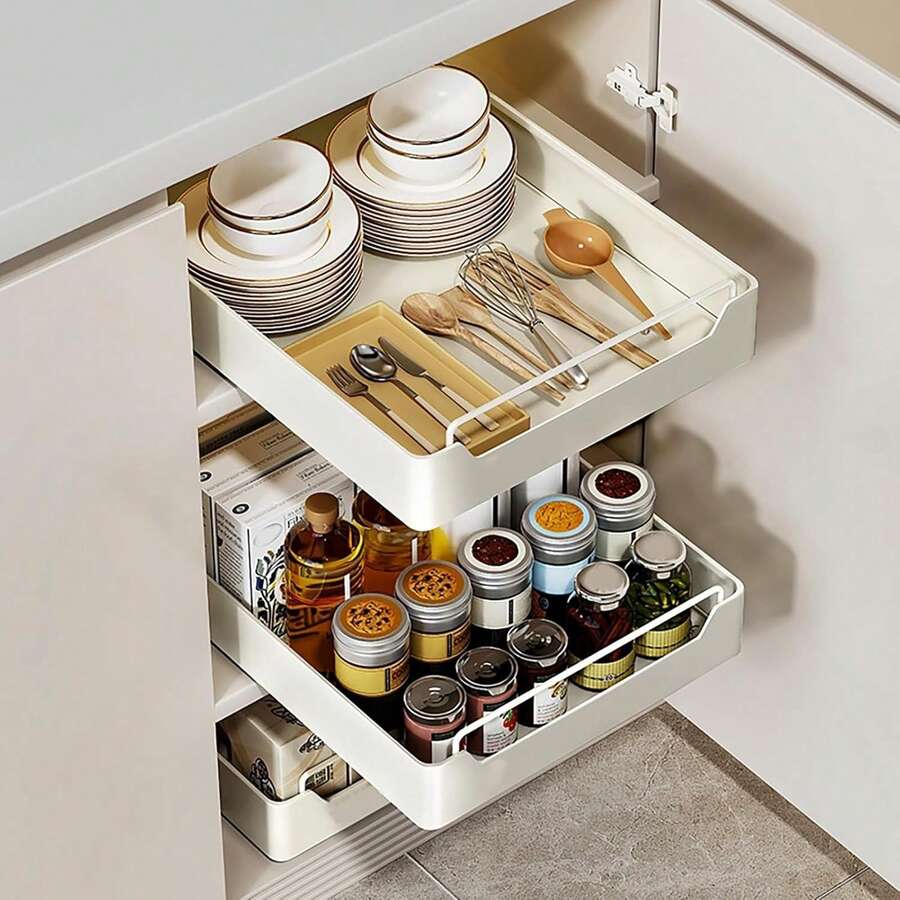 Cesto Retrátil para Armário e Pia 30x43cm, Prateleira Deslizante Branca com Fácil Instalação, Acessório de Organização Multifuncional para Cozinha.