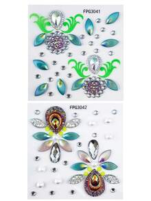 2pcs Floral & Leaf Face Rhinestone Sticker Set, Fluorescent Vine & Gold Glitter Rhinestone Mix, Suitable For Daily Commute, Student Campus, Beach Picnic, Light Fairy Makeup - Multicolor - View 11