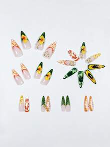 3D Drip Glue Papaya Grapefruit Petal Starfish Leopard Print Yellow Striped Green Edge French Tropical Vacation Style 24pcs Medium Almond Shaped Press-On Nails Fake Nail Tips Acrylic Molded Nails Y2K Nails - Multicolor - View 3
