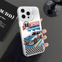 HANCAI 1pc White Frame Transparent Back 88 Blue & White SPRINTER Racing Car Black & White Checkered Flag Full Coverage Shockproof Phone Case, American Retro SPEED Racing Car Ins Cool Style Versatile Transparent Soft Shell For Men, Compatible With IPhone17/17Pro/17ProMax/16/11/16Plus/16ProMax/16e/15ProMax/13/14/12/14ProMax/12ProMax/13ProMax/12Pro/13Pro/14Pro - White Frame, Matte White (with Magnetic Closure) - View 1