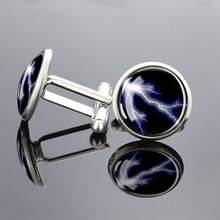 1 Pair Cufflinks Glass Inlay Lightning Storm Design Men's Formal Jewelry Gift Elegant Round Top Decorative Shirt Accessory - Silver - View 2