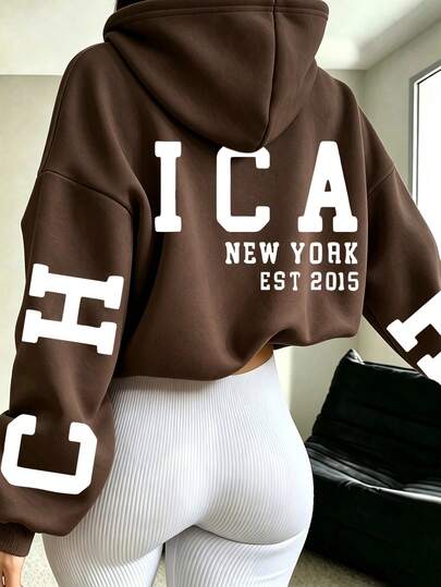 Letter & Number Print Sweatshirt, Plus Size Women's Casual Autumn/Winter Long Sleeve Pocket Hooded Sweatshirt, Suitable For Winter Holiday, Beach, Vacation, Autumn, Halloween, Christmas, New Year Outfits. Perfect For Daily Wear, Going Out, Outings, Festivals, Beach, Parties, Birthdays, Gatherings, School, Music Festivals, Vacation, Commuting, Fitness, Weddings, New Year, Fashionable, Winter Tops, Women's Autumn Outfits, Women's Holiday Clothing