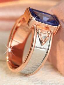 Gmzalx Cincin Fashion Mewah Wanita, Desain Persegi Panjang Biru Berkilau, Gaya Vintage Mewah, Cocok Untuk Perjalanan Sehari-hari dan Pesta - Dua warna - View 3