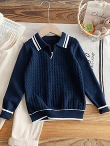 Áo len chui đầu nam phong cách preppy cổ polo kéo khóa nửa, tay dài, dệt kim họa tiết sóng 3D phối màu kẻ sọc, áo mặc thường ngày và đi học đa năng, xuân/thu/đông - Màu xanh hải quân - Xem 1