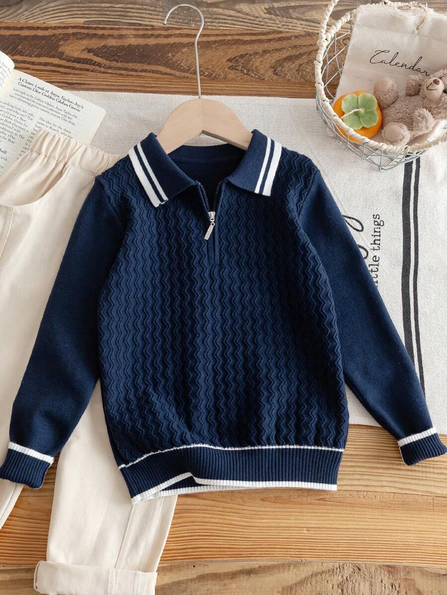 Áo len chui đầu nam phong cách preppy cổ polo kéo khóa nửa, tay dài, dệt kim họa tiết sóng 3D phối màu kẻ sọc, áo mặc thường ngày và đi học đa năng, xuân/thu/đông - Màu xanh hải quân - Xem 1