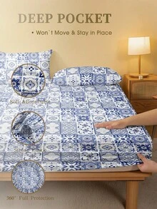 1pc Blue & White Bohemian Exquisite Pattern Fitted Sheet, Mattress Protector, Mattress Cover, Fitted Sheet, Soft & Breathable, -Twin, Full, Queen, King, Deep Pocket Design Up To 11.8 Inches, Machine Washable. Back To School Season, Dorm Essentials - Blue and White - View 4