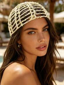 1pc Y2K Style Handmade Knitted Mesh Hat, Cute Casual And Fashionable, Decorated With Sequins And Breathable, Ins Style Sequined Hollow Knitted Bucket Hat Korean Version Versatile Face-Slimming Slouchy Hat , Suitable For Travel, Photography And Daily Wear, Fisherman Hat Style - Multicolor - View 6