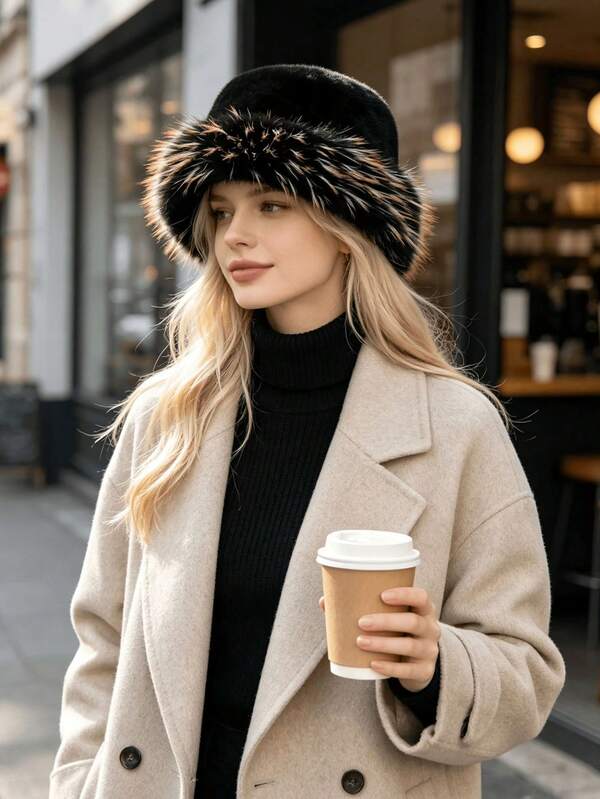 1pc Women's Winter Plush Hat, European And Korean Style Warm Winter Hat, Colorful Fur Tip Bucket Hat. Soft Fluffy Bucket Hat. Solid Color Cute Versatile, Thickened Design. Women's Winter Outfit. Halloween, Christmas Gift