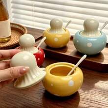 2pcs Cute Polka Dot Mushroom Ceramic Seasoning Jar Set With Lids And Spoons, Airtight Spice Storage Containers With Bamboo Tray, Dust-Proof Condiment Holder For Kitchen Countertop Cooking, Adorable Kitchen Gadget Gift For Home Cooks - View 4