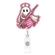 1pc Pink Halloween Ghost Glitter Acrylic Rotating Crocodile Clip Retractable Badge Holder For Nurses - A - View 13