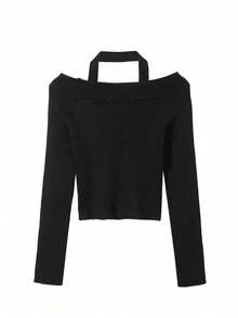 Sweater Halterneck Polos Warna Hitam - Hitam - View 6